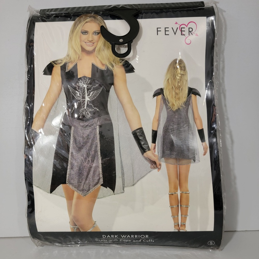 Fever Dark Warrior Costume Set Dress Cape Cuffs Black Silver Womens Small 45358